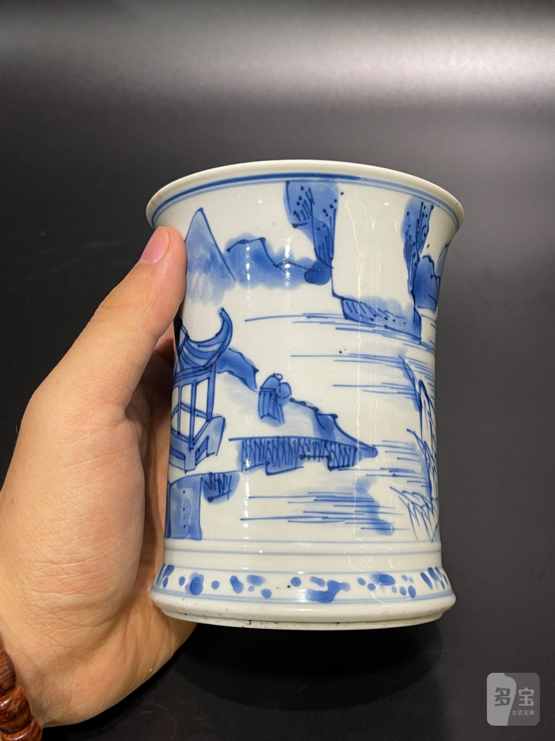 清康熙 青花山水亭阁图笔筒 - 图8